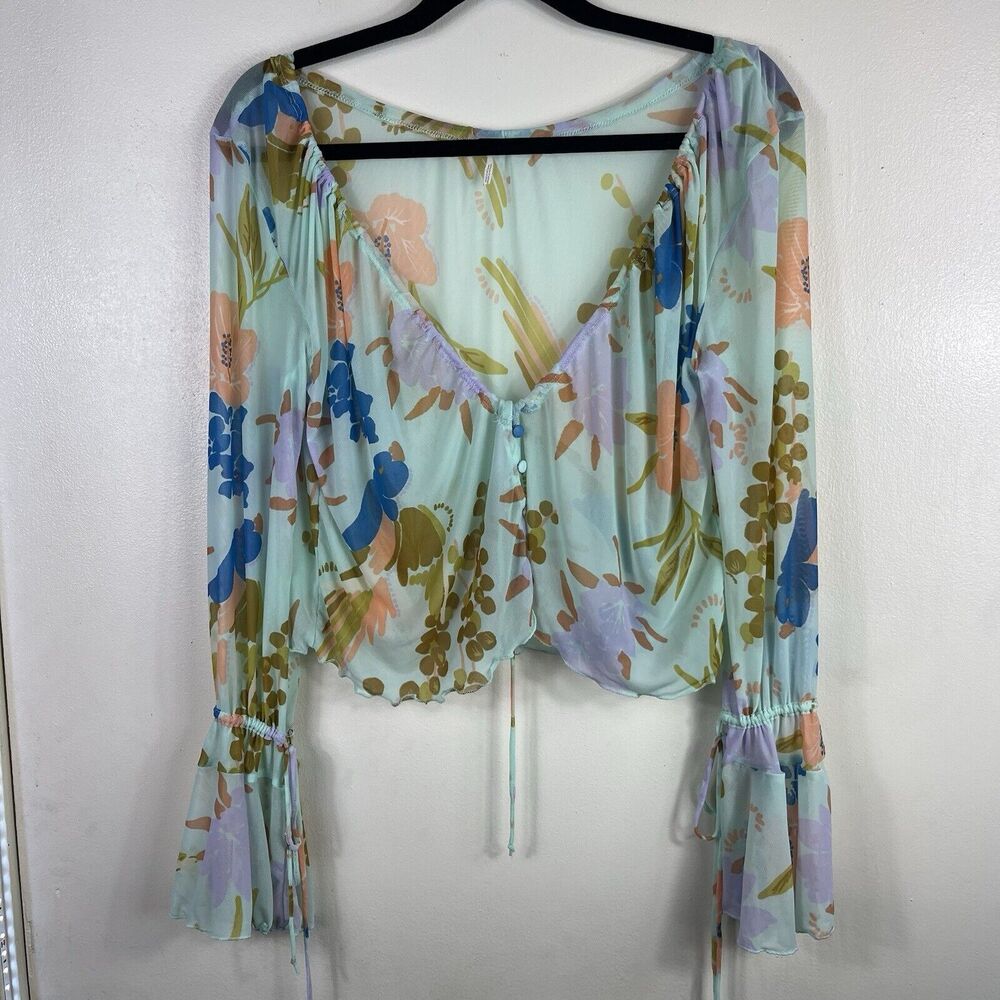 Free People Paradise Floral Print Tie Button Front Top Women's Size S Sheer